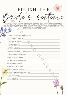 the printable wedding game is shown with flowers and words on it, which are also in