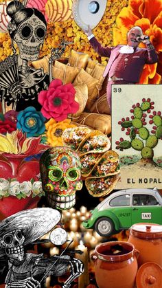 a collage of skulls, flowers and other items