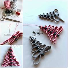 several pictures of christmas tree ornaments made out of scissors and thread, with instructions on how to make them