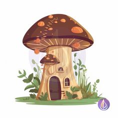 a mushroom house in the middle of some grass