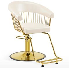 a white and gold chair with wheels on it