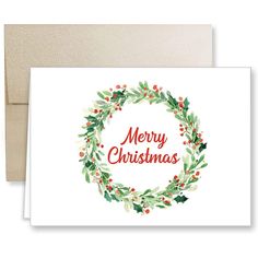 a christmas card with the words merry christmas written in red and green wreaths on it