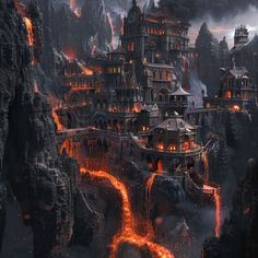 an image of a fantasy castle with fire coming out of the towers and lava surrounding it