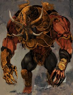 a painting of a demon with large horns and gold accents on his body, standing in front of a gray background