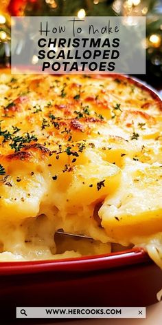 a casserole with cheese and herbs in a red dish next to a christmas tree