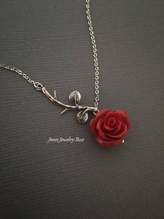 Sweet red rose and silver branch necklace. Very dainty but sturdy. Silver branch and red rose are on an 18 stainless steel chain with lobster clasp. *Stainless steel chain *Silver brass branch *15mm resin rose *Handmade with love <3 Like Jmesjewelrybox on Facebook for updates on new 3am Aesthetic, Red Jewelry Necklace, Beauty And The Beast Necklace, Silver Branch Necklace, Toko Fukawa, Rose Branch, Fantasy Things, Beauty Movie, Jewelry Wishlist