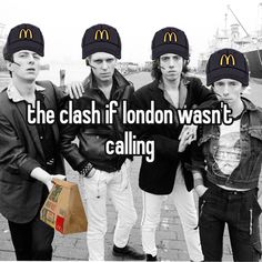 the clash if london was't calling is shown with three men in black caps and white pants