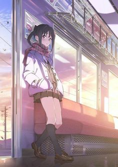 an anime character is standing in front of a subway car and looking out the window