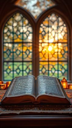 an open book sitting on top of a table in front of a stained glass window