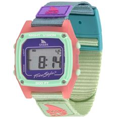 a digital watch with two different colors and numbers on the front, one in pink, green