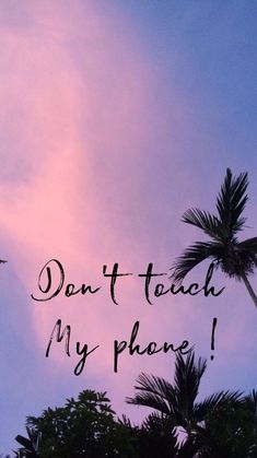 the words don't touch my phone are written in black ink on a pink and blue sky with palm trees