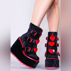 Worn Once! Yru Black Velvet Platform Boots With Red Hearts On Buckles And Red Trim. Questions? Leave A Comment Below! Black And Red Platform Shoes, Akira Aesthetic, Popstar Aesthetic, Boot Drawing, Red Platform Shoes, Cloth Drawing, Yru Shoes, Red Goth, Goth Stuff