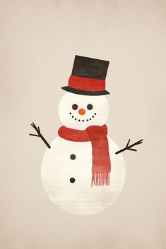 a snowman with a red scarf and hat on it's head is standing in front of a beige background