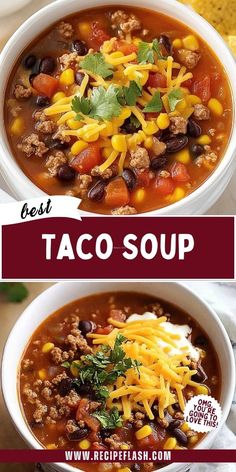 two bowls of taco soup with cheese and black beans