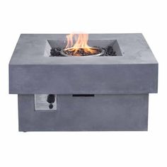 the square fire pit is made from concrete and has flames on it's sides