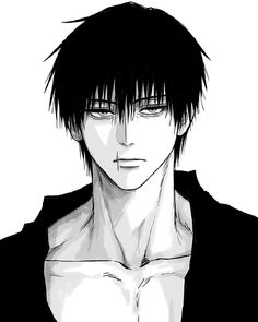 an anime character with black hair and no shirt on, looking at the camera while he is