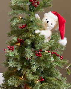 a teddy bear sitting on top of a christmas tree