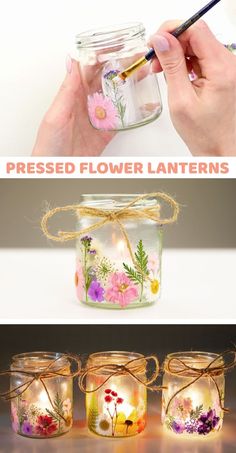 three jars with flowers painted on them, one is filled with water and the other has a