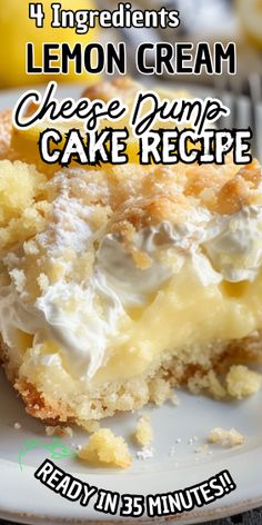 lemon cream cheese dump cake recipe on a white plate