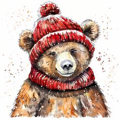 a drawing of a bear wearing a red hat and scarf with a pom - pom