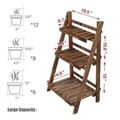 a wooden plant stand with measurements for the top shelf and bottom shelf on each side