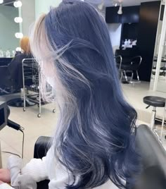 Colored Hair Styles Ideas, Double Dyed Hair, Blue Hair With White Bangs, Blue With Blonde Highlights, Blue Hair White Highlights, Dark Blue Hair With Light Blue Money Piece, Dark Blue Hair With White Highlights, Cute Hairstyles Color, Dyed Hair Aesthetic Faceless