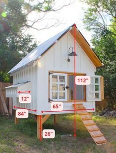 a little house that has measurements for the roof and windows on it, with stairs leading up to the second floor