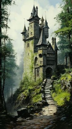 a painting of a castle in the woods with stairs leading up to it's entrance