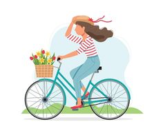 a woman riding a bike with flowers in the basket