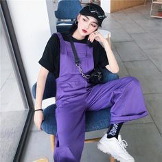 Purple Grunge Outfits, Aesthetic Retro Outfit, Purple Fashion Outfit, Purple Streetwear, Purple Jumpsuit, Androgynous Outfits, Purple Outfit, Purple Fits