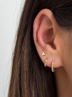 CZ Small Hoop Earrings Huggie Earrings Gold Huggie Hoops - Etsy Canada Ear With Three Piercings, Third Earings Piercings, Three Love Piercing, Multiple Ear Piercings Aesthetic Gold, Three Earings Piercings, How To Style Three Ear Piercings, 3 Stud Ear Piercing, Gold Second Piercing, Third Earring Piercing