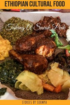 the cover of ethiopian cultural food featuring meat, vegetables and other foods on a plate