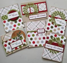 four christmas cards with different designs on them, all decorated in red and green colors