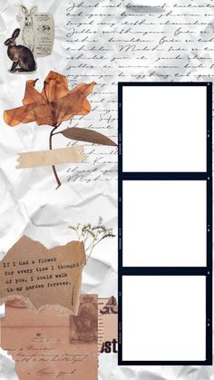 a collage of paper with an open window and leaves on it's side