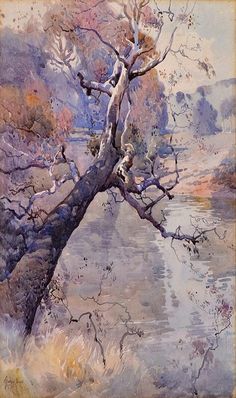 a painting of a tree leaning over the water