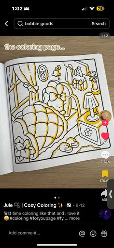 an open book on a wooden table with the words coloring pages written in yellow and white