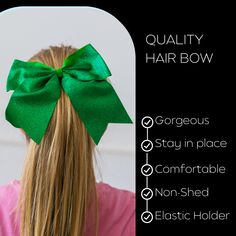 Large sparkly glitter cheer bows with ponytail elastic holder and pretty tails are one of our most popular accessories. This hair bow is made with non-shedding glitter, so you do not have to worry about the mess! We have the best quality, price, and variety of colors to choose from. These competition bows are a must-have for your teams and squads. They are terrific for cheerleading, dance, softball, volleyball, gymnastics, and so many other sports. Spirit bows are great to have for pep rallies a Competition Bows, Popular Accessories, Large Hair Bow, Glitter Cheer Bow, Large Hair Bows, Cheerleading Dance, Cheer Bow, Boutique Bows, Spirit Week