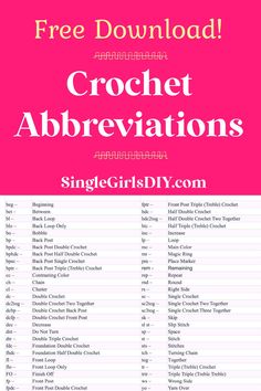 a list of crochet abbreviations with the text, free printable crochet abbreviations