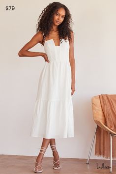 Feel like an absolute dream in the Lulus Simplicity and Sweetness White Sleeveless Tiered Midi Dress! Jacquard-style woven fabric, with a textured design throughout, shapes this dress that has adjustable spaghetti straps, a notched neckline (with hidden boning), and a princess-seamed bodice. A fitted waist tops a full midi skirt with a tiered hem and twin side seam pockets. Smocking at back for fit. Hidden back zipper/clasp. Fit: This garment fits true to size. Length: Mid-calf length. Size medium measures 41.5" from adjustable straps to hem. Bust: Works best for A to C cup sizes. Waist: Fitted - elastic waist allows stretch. Hip: Not Fitted - fuller skirt allows room for hips. Undergarments: May be worn with a strapless bra, adhesive bra, petals, or no bra. Fabric: Fabric has no stretch. Megan White, Photoshoot Women, Stylish Closet, Trip Outfit, Full Outfits, Full Midi Skirt, Notched Neckline, Trip Outfits, Tiered Midi Dress