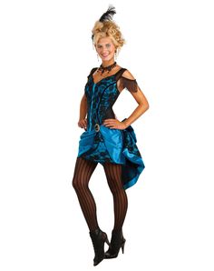 a woman wearing a blue dress and black stockings