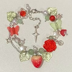 Strawberry Charm Bracelet, Strawberry Shortcake Jewelry, Cutecore Bracelets, Strawberry Shortcake Bracelet, Strawberry Bead Bracelet, Strawberry Clothing, Strawberry Beads