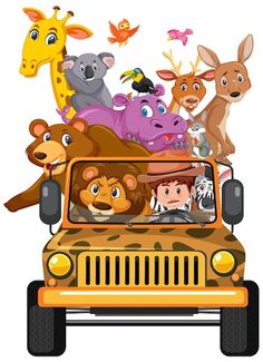 the animals are riding in the jeep on the road