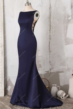 Bateau Neckline Formal Dress, Navy Blue Gown Elegant Formal, Navy Blue Formal Dress Long Classy, Navy Mermaid Dress, Navy Formal Dress Long, Navy Satin Prom Dress, Navy Blue Evening Dress, Elegant Mermaid Dress, Classy Evening Gowns