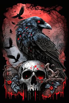 a crow sitting on top of a skull with blood dripping down it's face