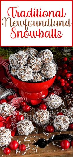 a red bowl filled with chocolate covered snowballs on top of a wooden cutting board