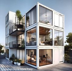 an artist's rendering of a shipping container home with balconies and windows