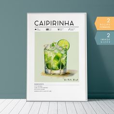 a poster on the wall with a glass filled with ice and limes in it