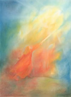 a painting of a woman in an orange dress with the sun shining through her veil