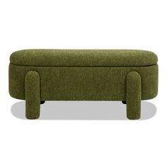 an upholstered bench with two legs and a foot rest in green fabric, against a white background