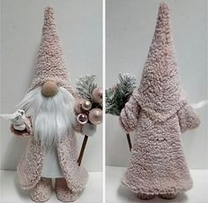 two pictures of a pink gnome with white hair and beard, one is holding a christmas ornament